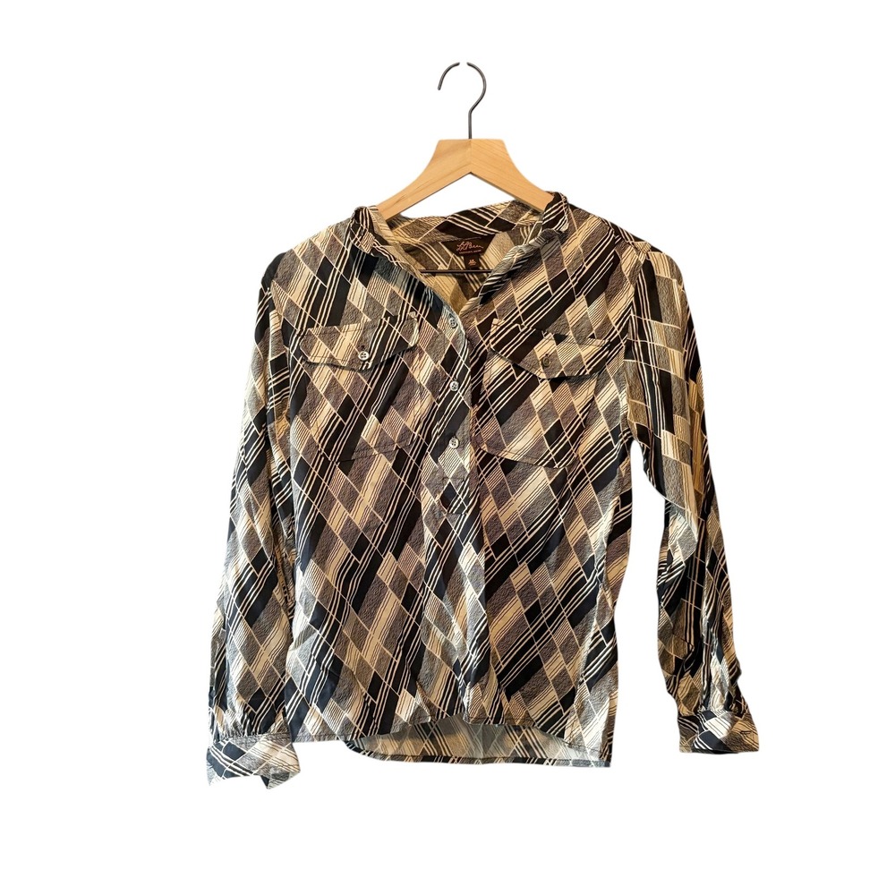 LL Bean Silk Blouse Top Geometric Diamond Print Long Sleeves 2P